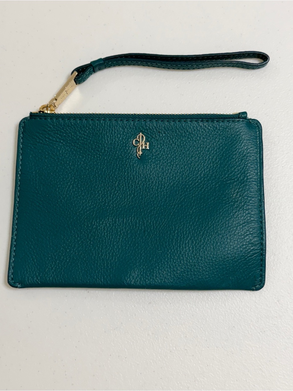 Cole Haan Green Pebbled Leather Wristlet Clutch Zip Pouch Teal Emerald Gold Logo